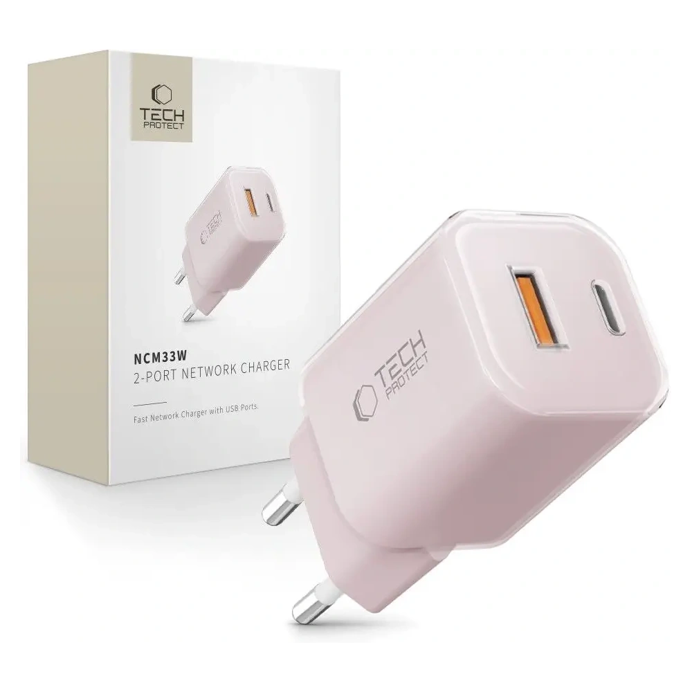 Hurtownia GSM - Tech-Protect NCM33W Încărcător de rețea cu 2 porturi USB-A, USB-C PD 33W / QC3.0 Roz bebeluș - THP4122 - {ean13} - Hurt