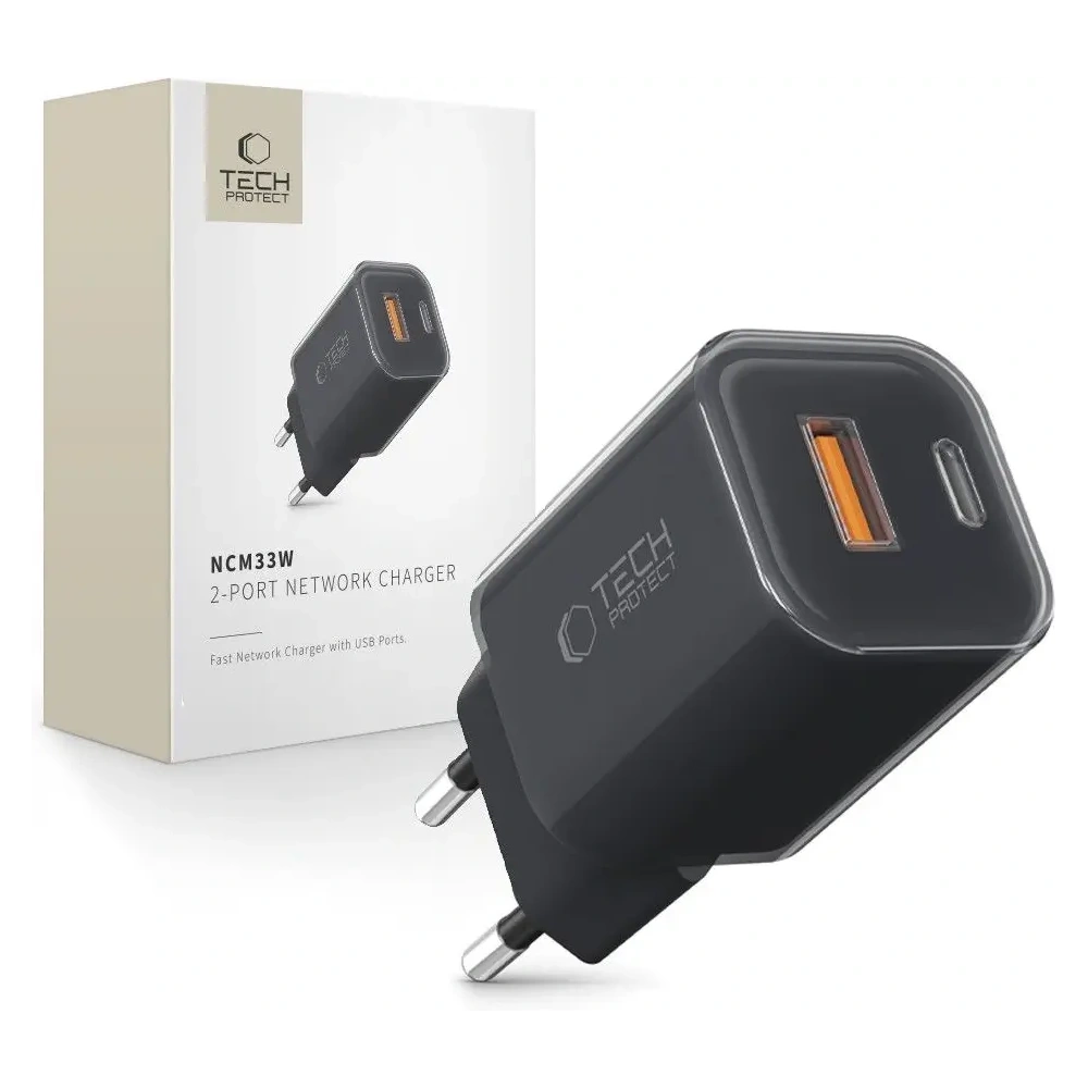 Hurtownia GSM - Tech-Protect NCM33W Încărcător de rețea cu 2 porturi USB-A, USB-C PD 33W / QC3.0 Negru - THP4124 - {ean13} - Hurt
