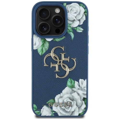 Etui Guess Grained Roses Big 4G logo do Apple iPhone 16 Pro Max niebieski