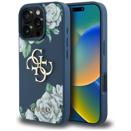 Etui Guess Grained Roses Big 4G logo do Apple iPhone 16 Pro niebieski