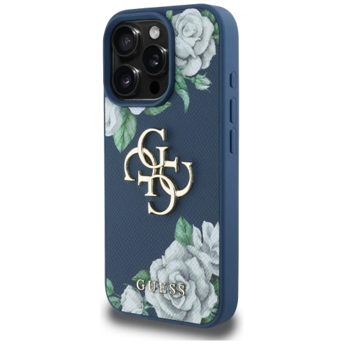 Etui Guess Grained Roses Big 4G logo do Apple iPhone 16 Pro niebieski