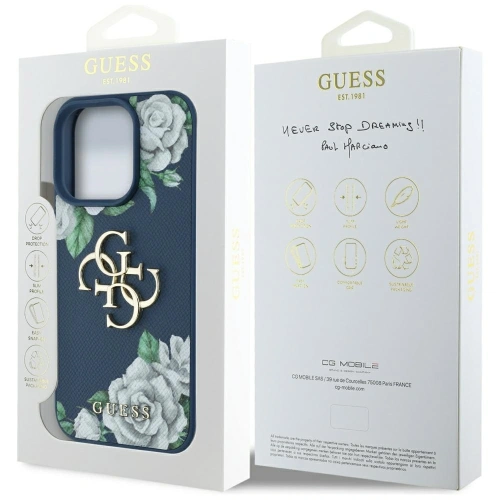 Etui Guess Grained Roses Big 4G logo do Apple iPhone 16 Pro niebieski