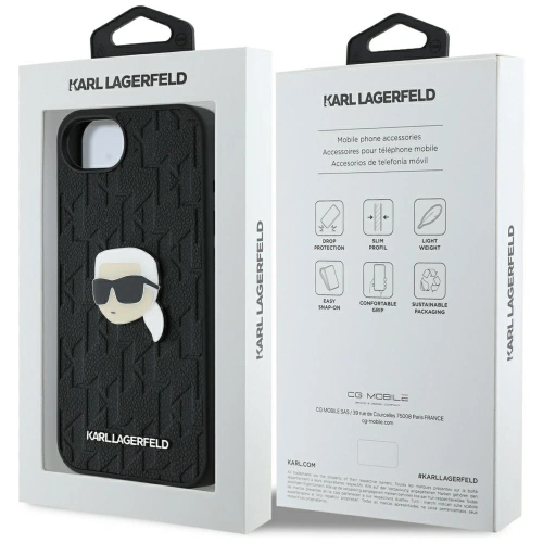 Etui Karl Lagerfeld Monogram Karl Head Pin do Apple iPhone 16e czarny