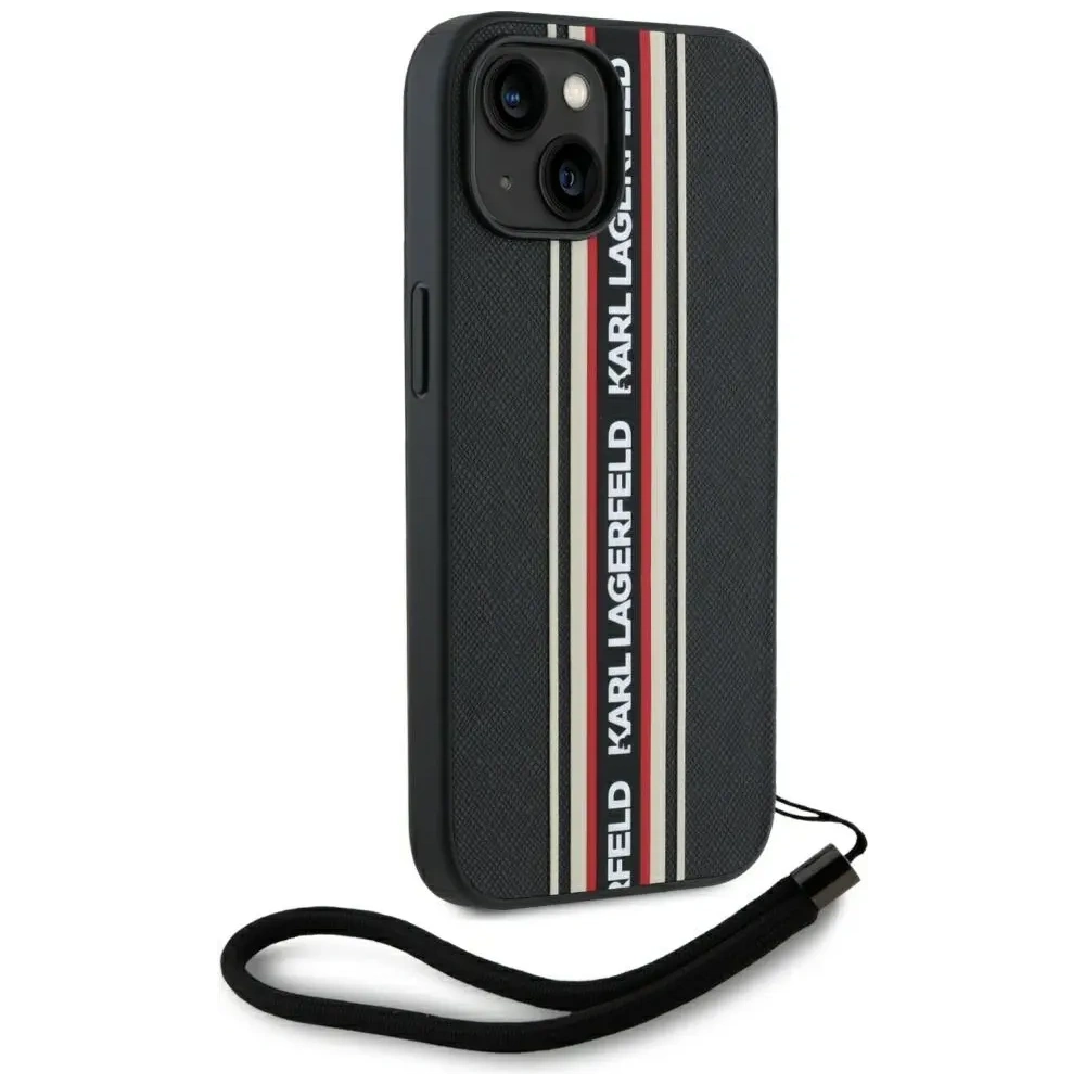 Wholesale Karl Lagerfeld Saffiano Athleisure Stripes Cord Apple iPhone 15 black-red - KLD22025 - {ean13} - Hurt