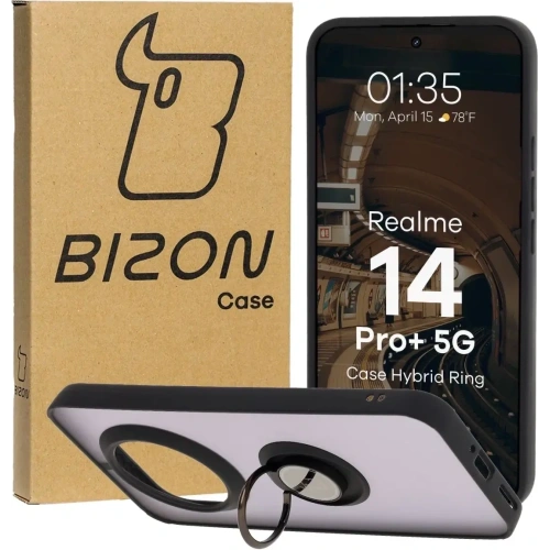 Etui z uchwytem na palec Bizon Case Hybrid Ring do Realme 14 Pro Plus 5G przydymione z czarną ramką