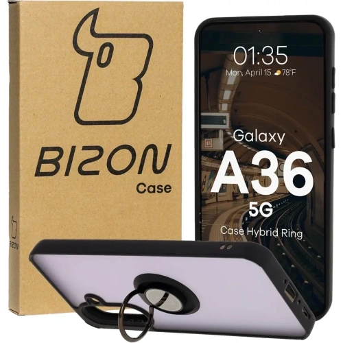 Etui z uchwytem na palec Bizon Case Hybrid Ring do Samsung Galaxy A36 5G przydymione z czarną ramką