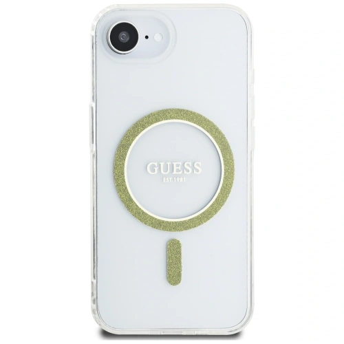 Etui Guess IML Glitter Circle MagSafe do Apple iPhone 16e przezroczysty