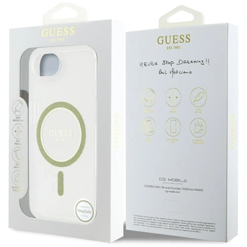 Etui Guess IML Glitter Circle MagSafe do Apple iPhone 16e przezroczysty