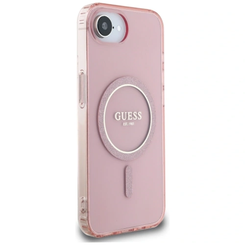 Etui Guess IML Glitter Circle MagSafe do Apple iPhone 16e różowy