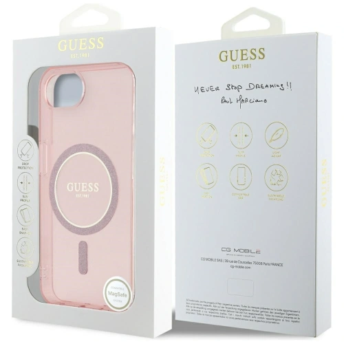 Etui Guess IML Glitter Circle MagSafe do Apple iPhone 16e różowy