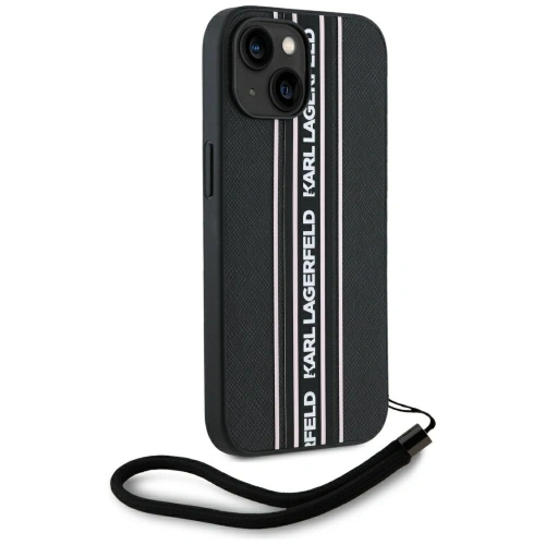 Etui Karl Lagerfeld Saffiano Athleisure Stripes Cord do Apple iPhone 15 czarno-różowy