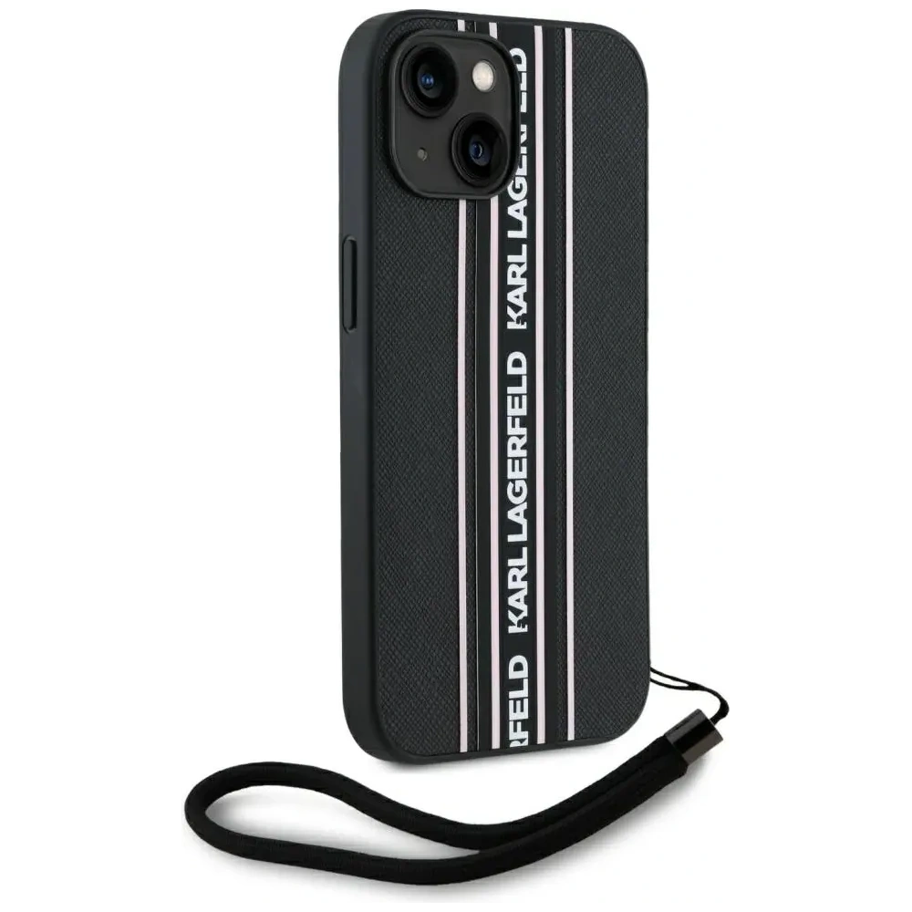 Hurtownia GSM - Karl Lagerfeld Saffiano Athleisure Proužky Cord Apple iPhone 15 černá-růžová - KLD22026 - {ean13} - Hurt
