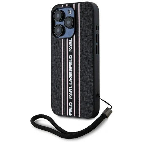 Etui Karl Lagerfeld Saffiano Athleisure Stripes Cord do Apple iPhone 15 Pro czarno-różowy