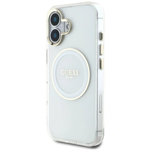 Etui Guess IML Metal Colored Circle Classic Logo MagSafe do Apple iPhone 16 biały