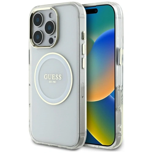 Etui Guess IML Metal Colored Circle Classic Logo MagSafe do Apple iPhone 16 Pro biały