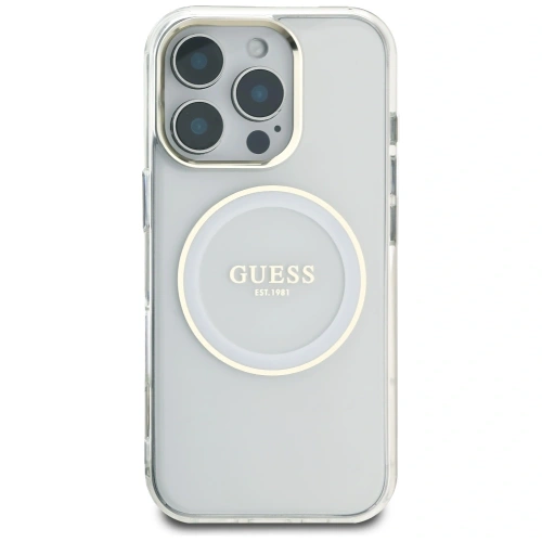Etui Guess IML Metal Colored Circle Classic Logo MagSafe do Apple iPhone 16 Pro biały