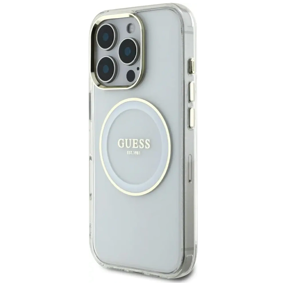 Wholesale Guess IML Metal Colored Circle Classic Logo MagSafe Apple iPhone 16 Pro Max white - GUE4548 - {ean13} - Hurt