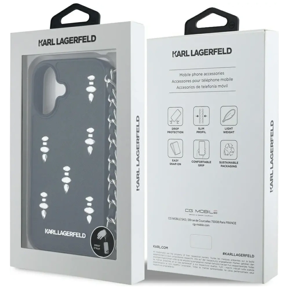 Hurtownia GSM - Karl Lagerfeld Saffiano Crystals s řetězem Apple iPhone 16 černý - KLD22031 - {ean13} - Hurt