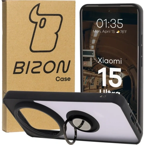 Etui z uchwytem na palec Bizon Case Hybrid Ring do Xiaomi 15 Ultra przydymione z czarną ramką