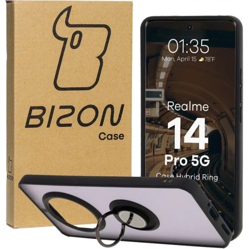 Etui z uchwytem na palec Bizon Case Hybrid Ring do Realme 14 Pro 5G przydymione z czarną ramką