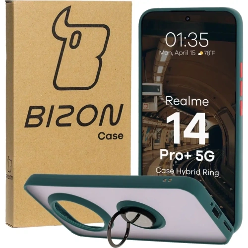 Etui z uchwytem na palec Bizon Case Hybrid Ring do Realme 14 Pro Plus 5G przydymione z ciemnozieloną ramką