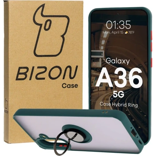 Etui z uchwytem na palec Bizon Case Hybrid Ring do Samsung Galaxy A36 5G przydymione z ciemnozieloną ramką