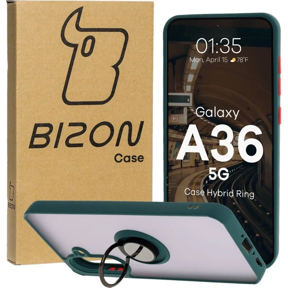 Hurtownia GSM - Etui z uchwytem na palec Bizon Case Hybrid Ring do Samsung Galaxy A36 5G przydymione z ciemnozieloną ramką - BIZ9071 - {ean13} - Hurt