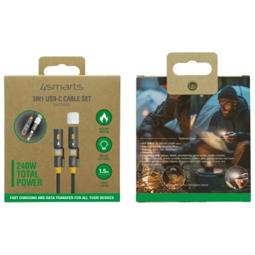 Kabel USB-C / USB-C 4smarts Explorer 3w1 zapalniczka, latarka 240W 1.5m czarny