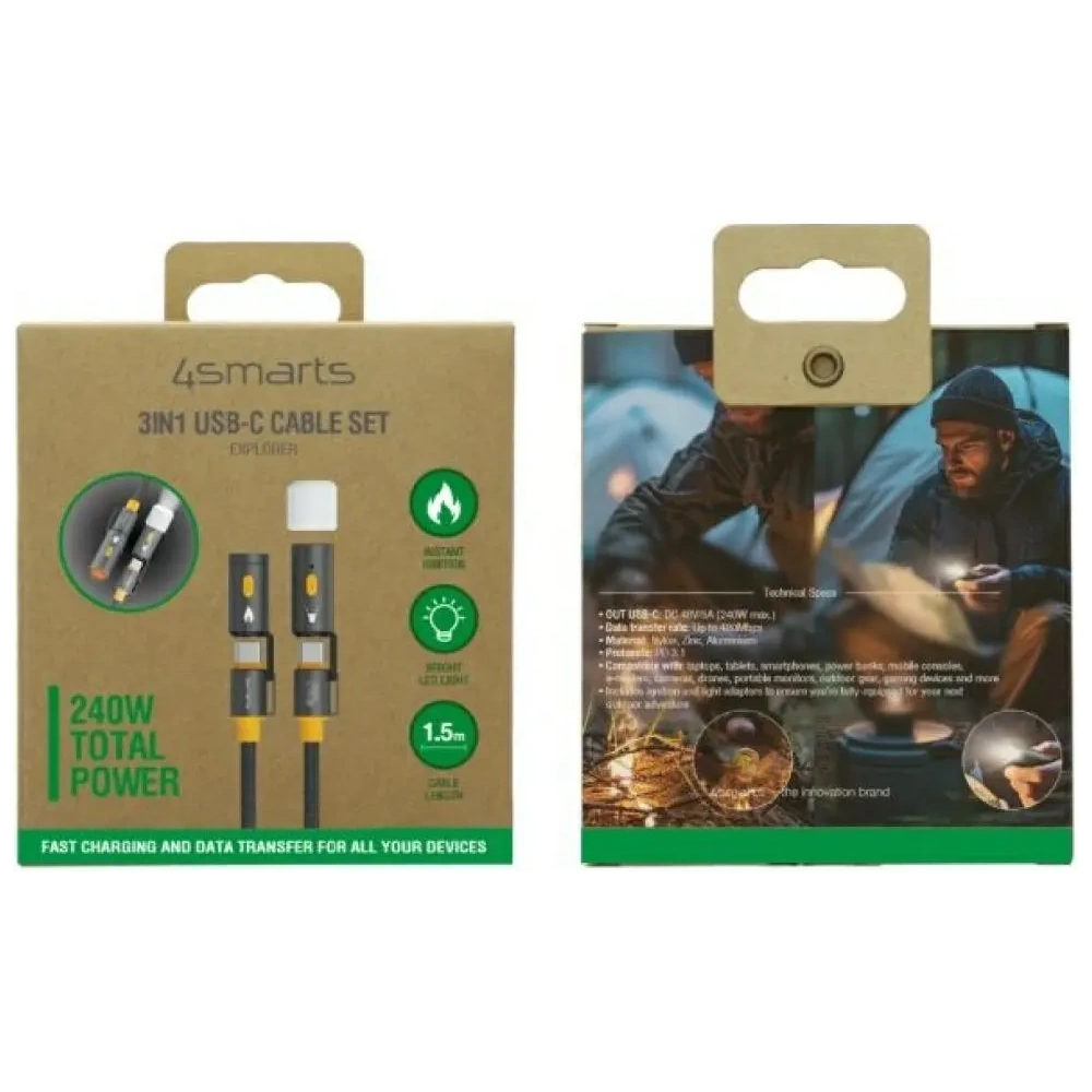 Hurtownia GSM - 4smarts Explorer 3in1 USB-C / USB-C Feuerzeug, Taschenlampe 240W 1,5m schwarz - 4SMR72 - {ean13} - Hurt