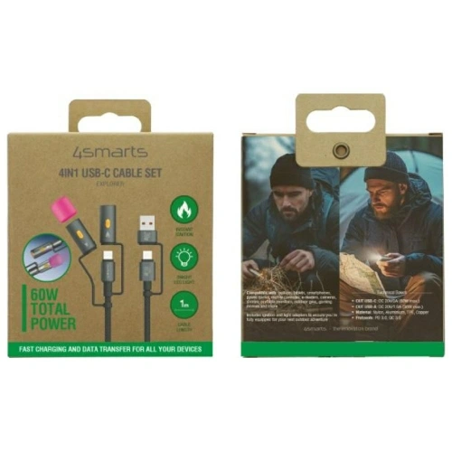 Kabel USB-C / USB-A, USB-C 4smarts Explorer 4w1 zapalniczka, latarka 60W 1m czarny