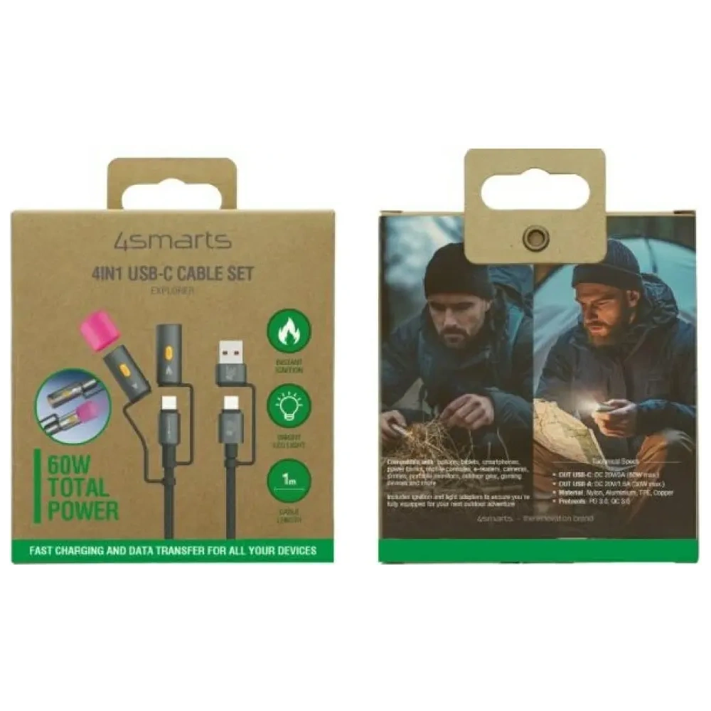 Hurtownia GSM - 4smarts Explorer 4in1 USB-C / USB-A, USB-C Feuerzeug, Taschenlampe 60W 1m schwarz - 4SMR73 - {ean13} - Hurt