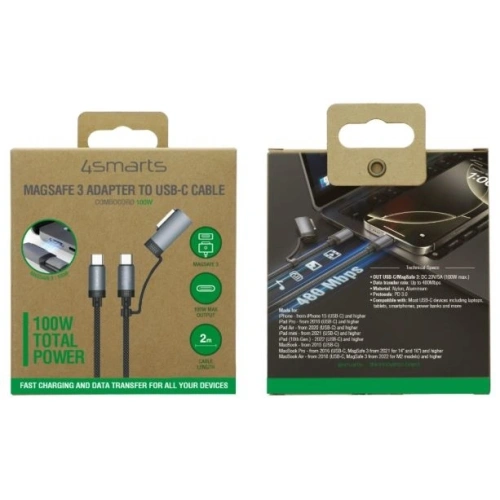 Kabel USB-C / USB-C, MagSafe 4smarts Explorer ComboCord 100W 2m czarny