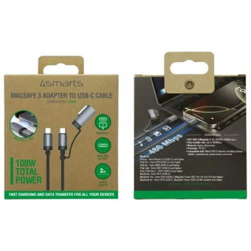 Kabel USB-C / USB-C, MagSafe 4smarts Explorer ComboCord 100W 2m czarny