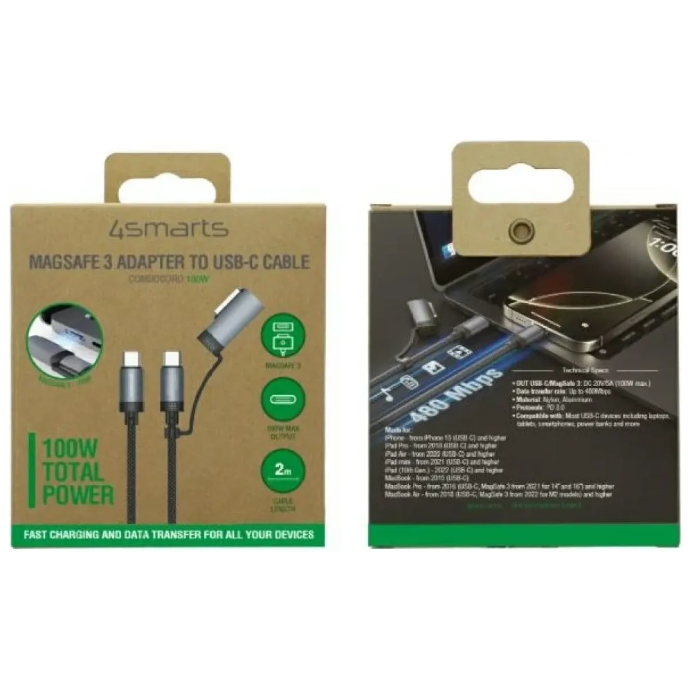 Wholesale 4smarts Explorer ComboCord USB-C / USB-C, MagSafe 100W 2m black - 4SMR74 - {ean13} - Hurt