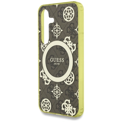 Etui Guess 4G Background Gold Electroplated Peony Pattern MagSafe do Samsung Galaxy S25 brązowy
