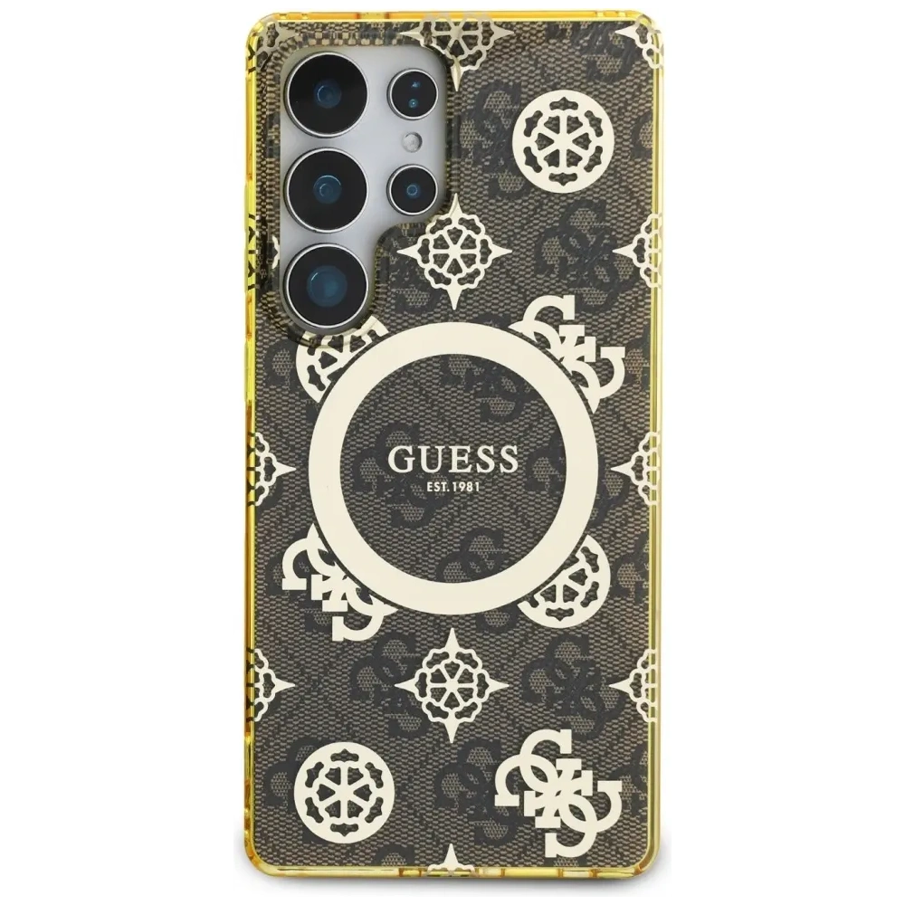 Wholesale Guess 4G Background Gold Electroplated Peony Pattern MagSafe Samsung Galaxy S25 Ultra brown - GUE4550 - {ean13} - Hurt