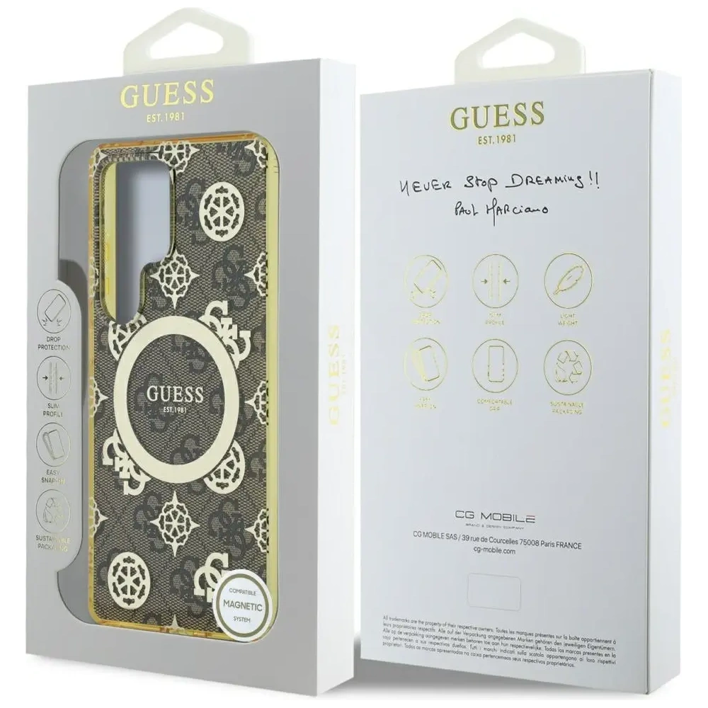 Wholesale Guess 4G Background Gold Electroplated Peony Pattern MagSafe Samsung Galaxy S25 Ultra brown - GUE4550 - {ean13} - Hurt