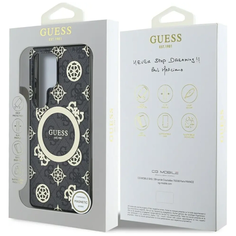 Wholesale Guess 4G Background Gold Electroplated Peony Pattern MagSafe Samsung Galaxy S25 Ultra black - GUE4551 - {ean13} - Hurt