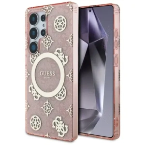 Wholesale Guess 4G Background Gold Electroplated Peony Pattern MagSafe Samsung Galaxy S25 Ultra pink - GUE4552 - {ean13} - Hurt