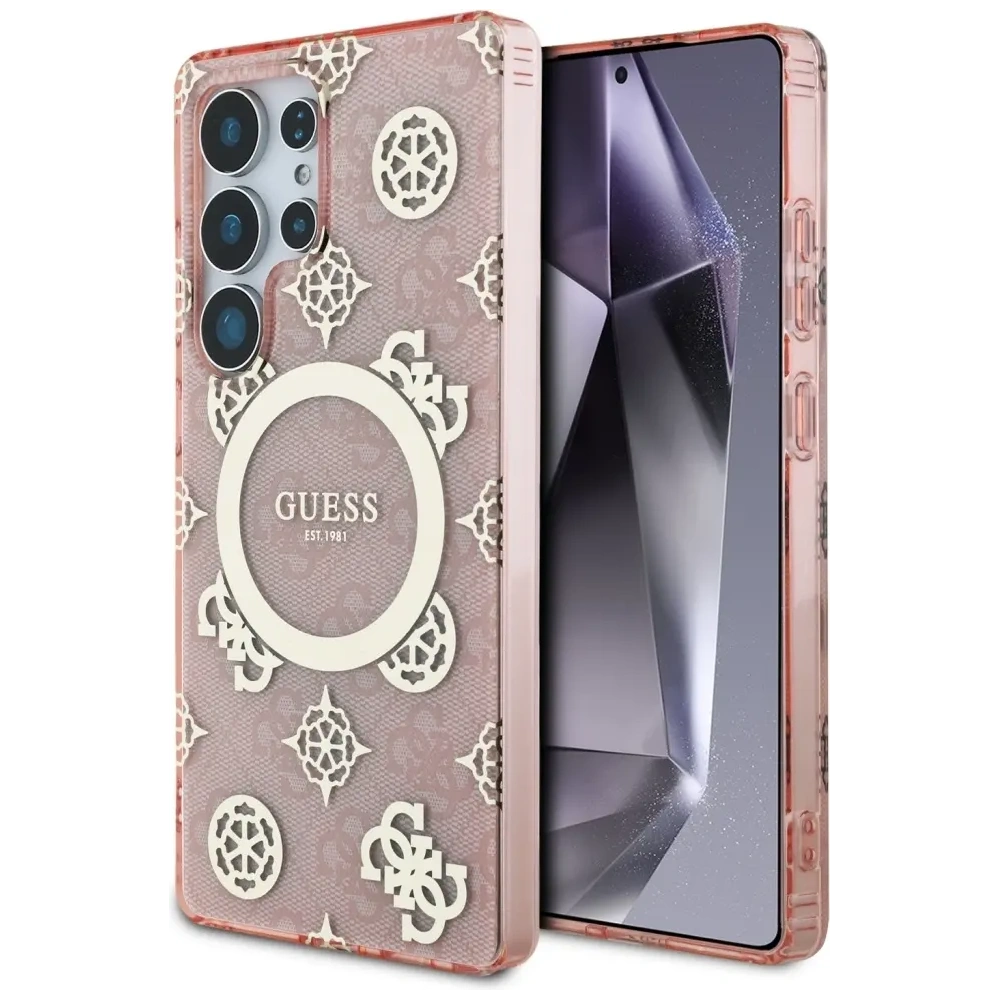 Wholesale Guess 4G Background Gold Electroplated Peony Pattern MagSafe Samsung Galaxy S25 Ultra pink - GUE4552 - {ean13} - Hurt