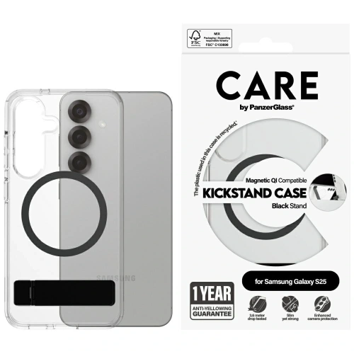Etui CARE by PanzerGlass Feature Black Kickstand & QI do Samsung Galaxy S25 przezroczysty
