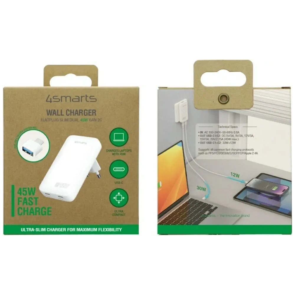 Hurtownia GSM - 4smarts FlatPlug Slim Dual 45W GaN 2xUSB-C napájecí nabíječka bílá - 4SMR77 - {ean13} - Hurt