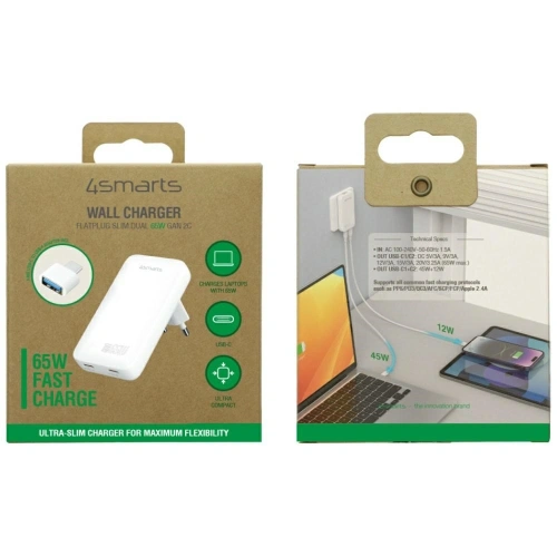 Ładowarka sieciowa 4smarts FlatPlug Slim Dual 65W GaN 2xUSB-C biały