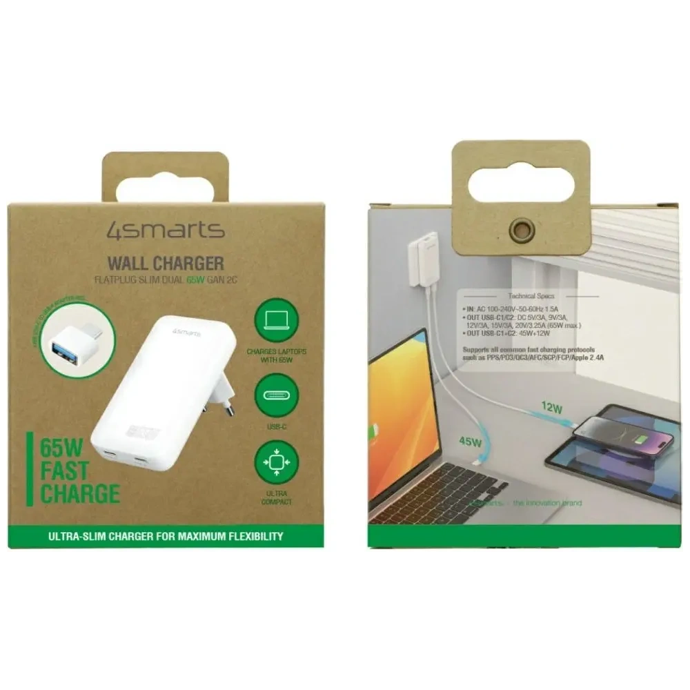 Wholesale 4smarts FlatPlug Slim Dual 65W GaN 2xUSB-C power charger white - 4SMR78 - {ean13} - Hurt