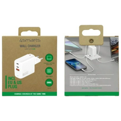 Ładowarka sieciowa 4smarts Flex 65W USB-A, 2xUSB-C biały