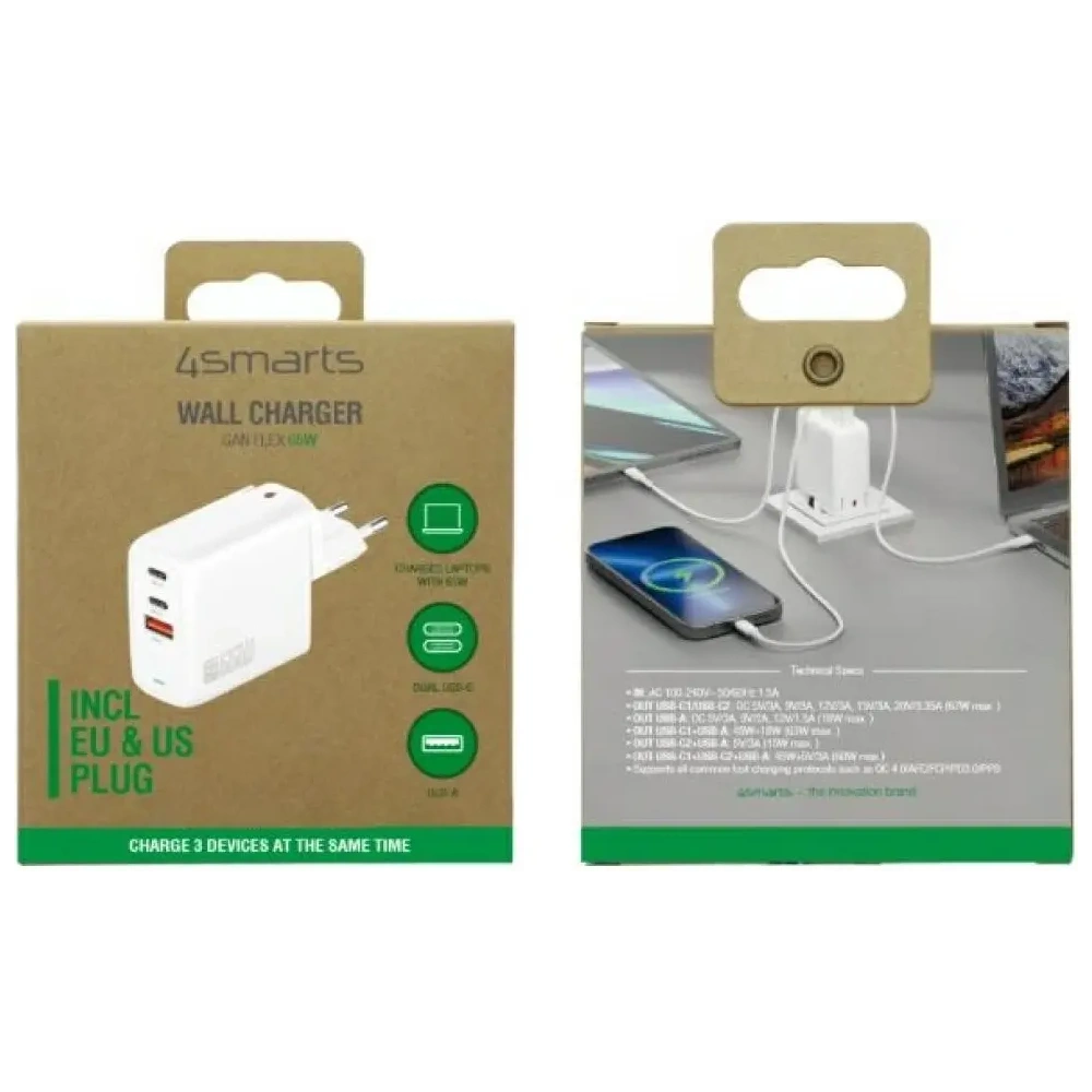 Hurtownia GSM - Încărcător de putere 4smarts Flex 65W USB-A, 2xUSB-C, alb - 4SMR79 - {ean13} - Hurt