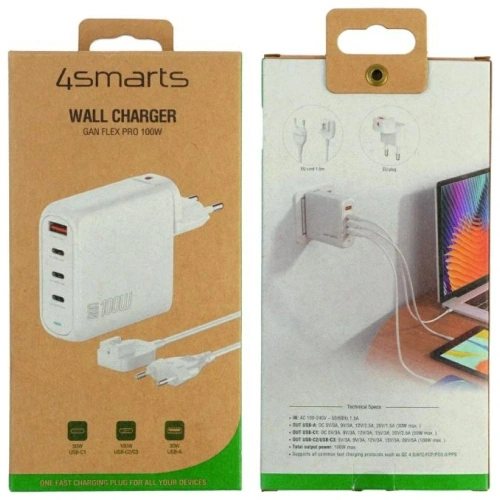 Ładowarka sieciowa 4smarts Flex Pro 100W USB-A, 3xUSB-C biały