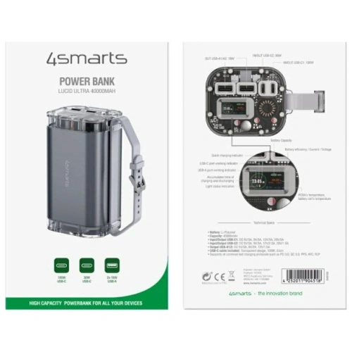 Powerbank 4smarts Lucid Ultra 40000mAh 100W 2xUSB-A, 2xUSB-C IP67 szary