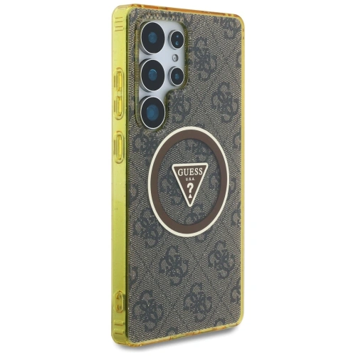 Etui Guess 4G Glitter Triangle Buttons MagSafe do Samsung Galaxy S25 Ultra brązowy