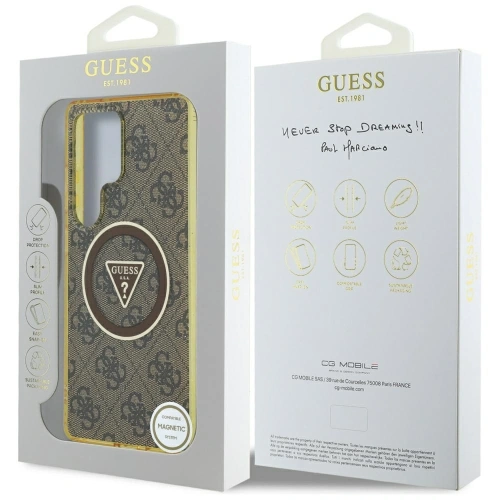 Etui Guess 4G Glitter Triangle Buttons MagSafe do Samsung Galaxy S25 Ultra brązowy